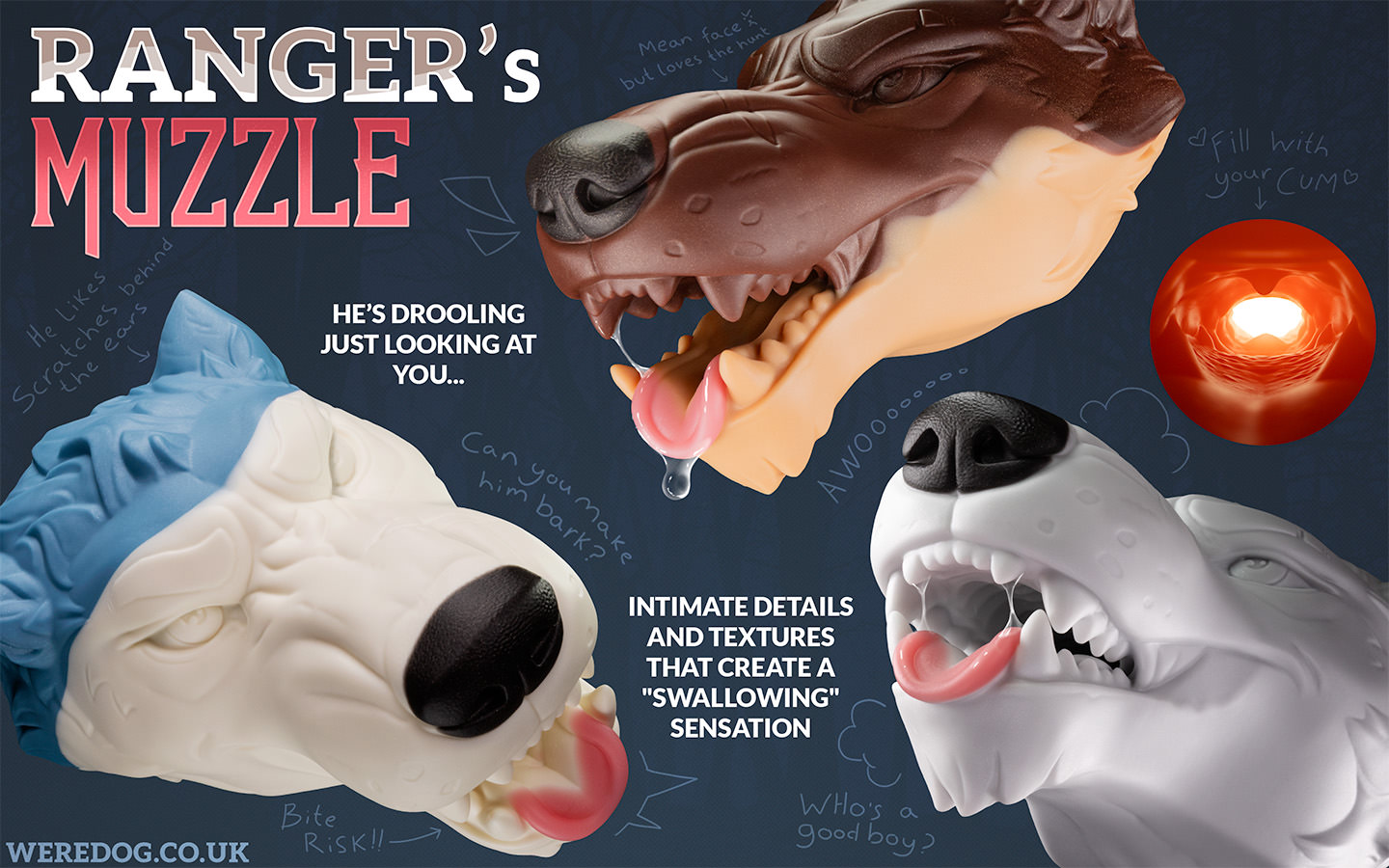 Drooling wolf muzzle masturbator toy from various angles with text reading 'intimate details and textures'